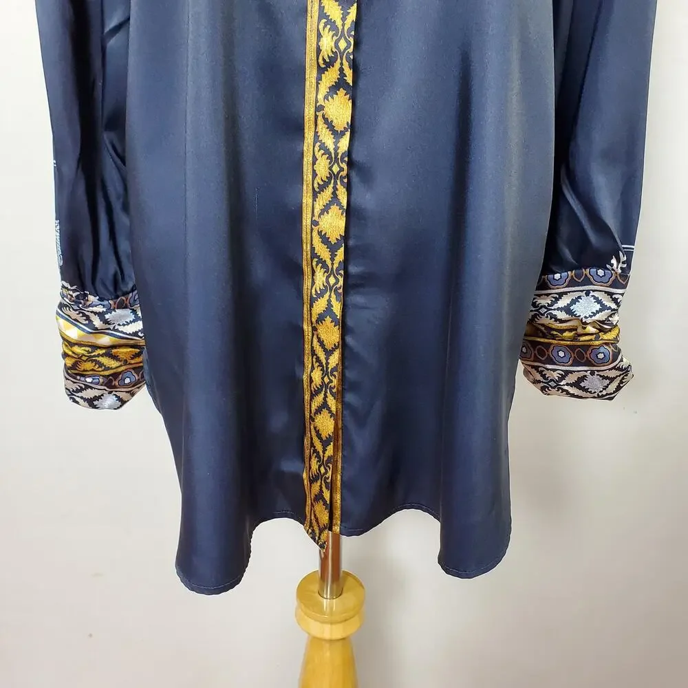 Chico’s Sz 1 Ruched Cuff Placed Print Tunic Top Button Down Chicos Sz M / 8 - Picture 5 of 16